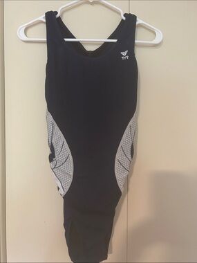 TYR women’s navy swimsuit with White Side Panels Size 38